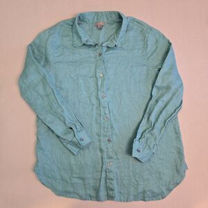 J. Jill 100% Linen Lagenlook Aqua Blue Teal Casual Button Up Shirt Size Medium